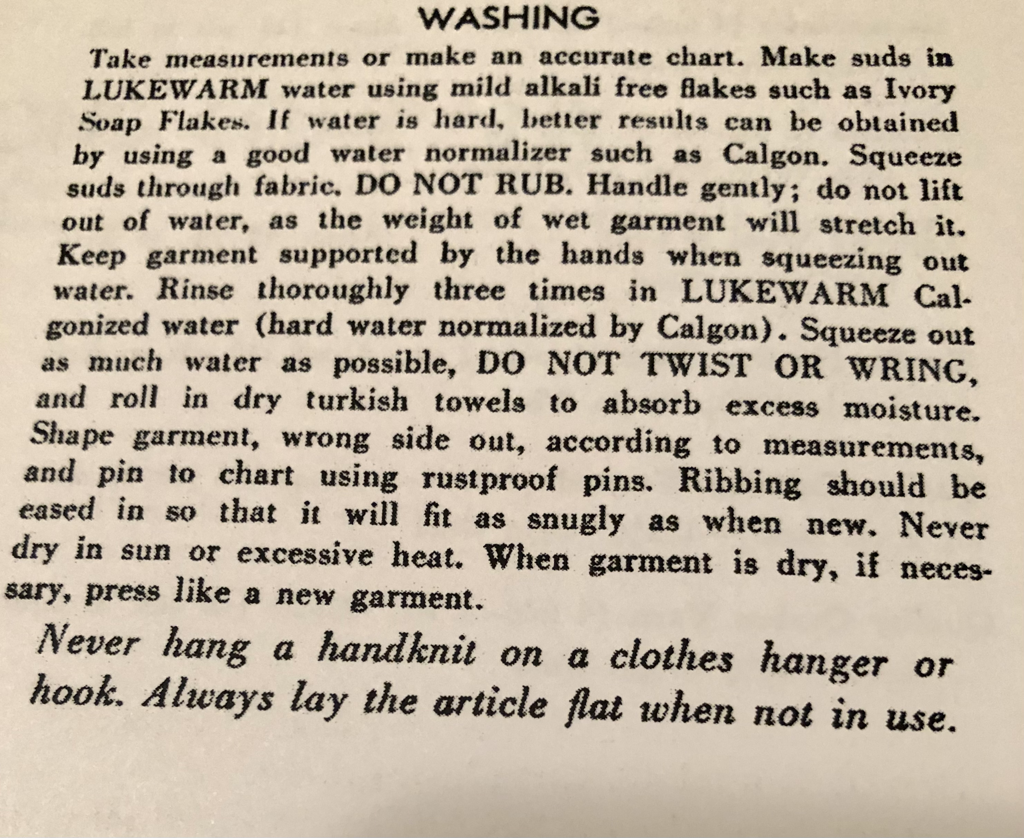 Historical wartime knitting, wool washing instructions. 